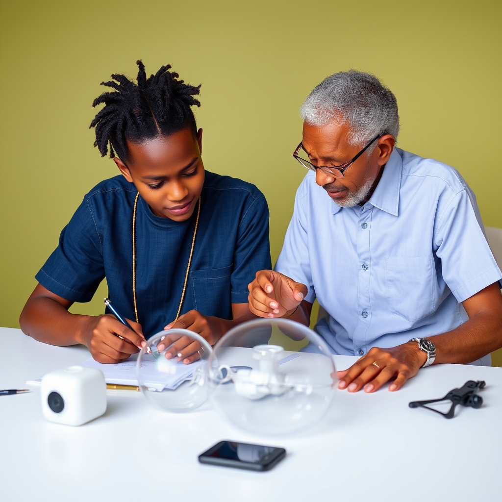 A young person and an older mentor designing something together at a table.