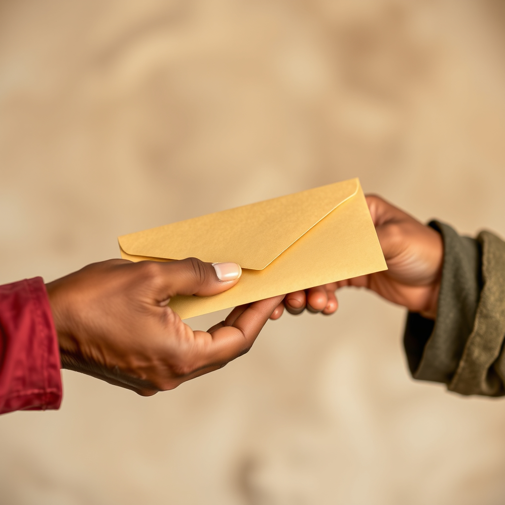 One hand passing an envelope to another.